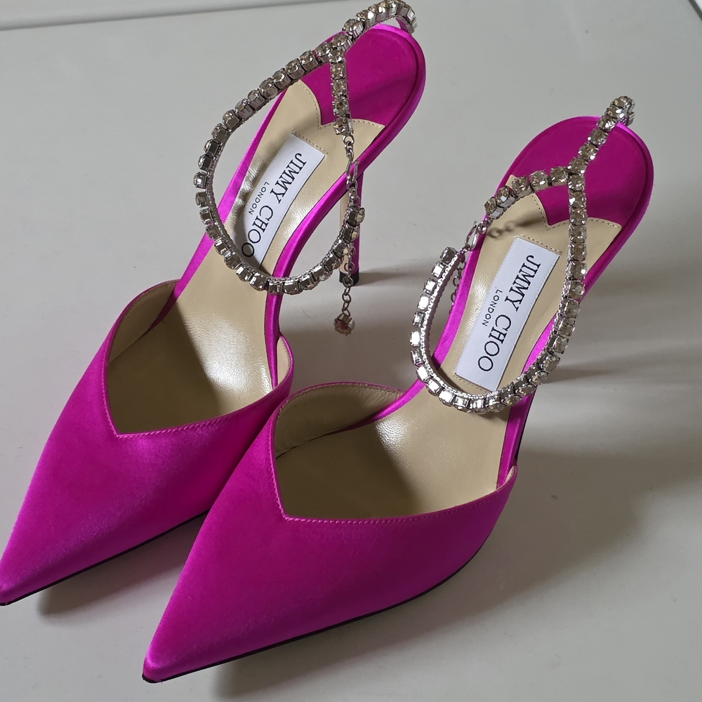 Jimmy Choos Saeda 100 Fuschia Pink Satin Heels With Crystal Embelishment